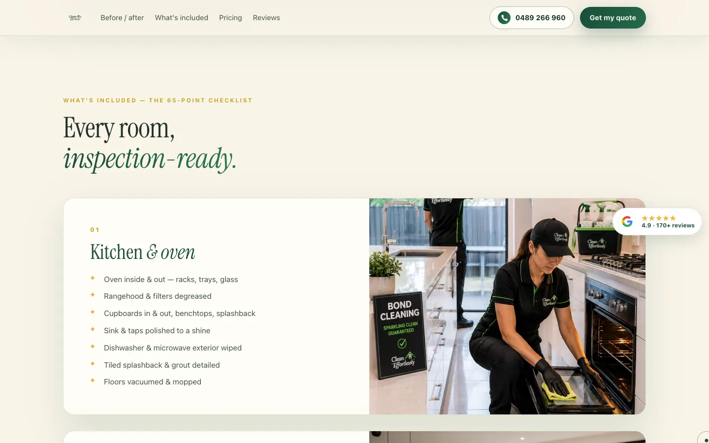 Clean Effortlessly inclusions checklist with its main features numbered
