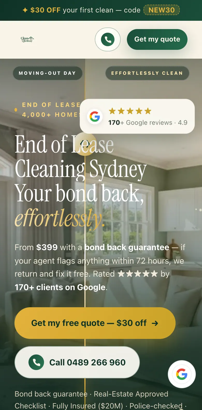 Clean Effortlessly first screen on a phone with the headline and quote and call buttons