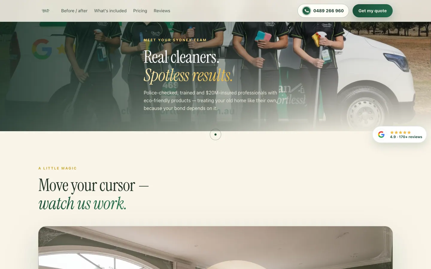 Clean Effortlessly team section headed Real cleaners, Spotless results over a photo of the crew
