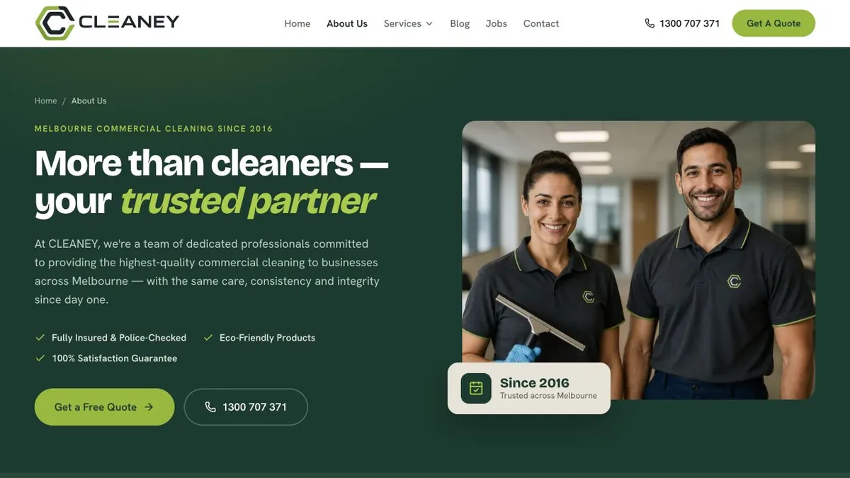 CLEANEY about page with team photography and contact actions