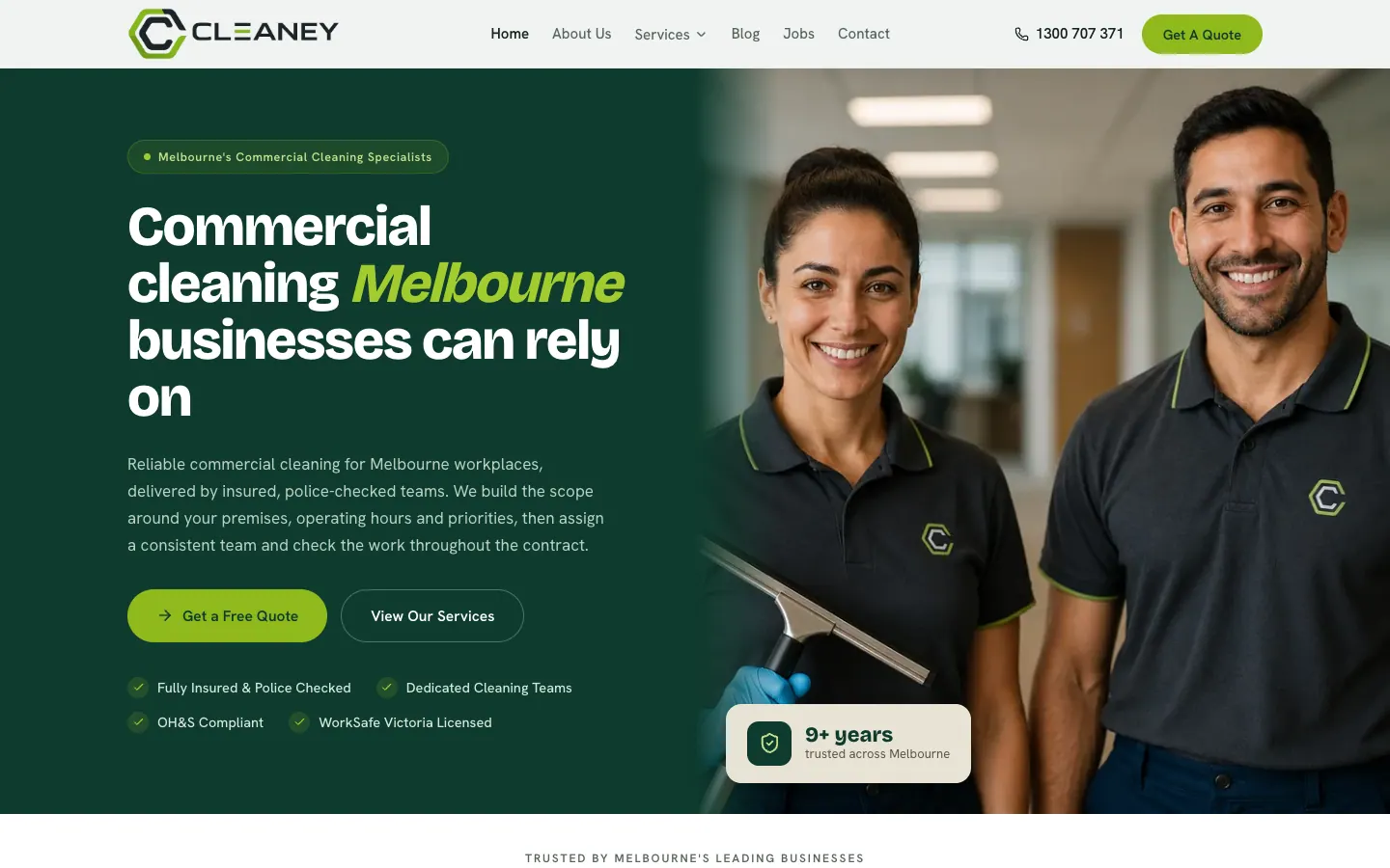 CLEANEY home page with the headline, two buttons and four compliance ticks beside a photo of two cleaners