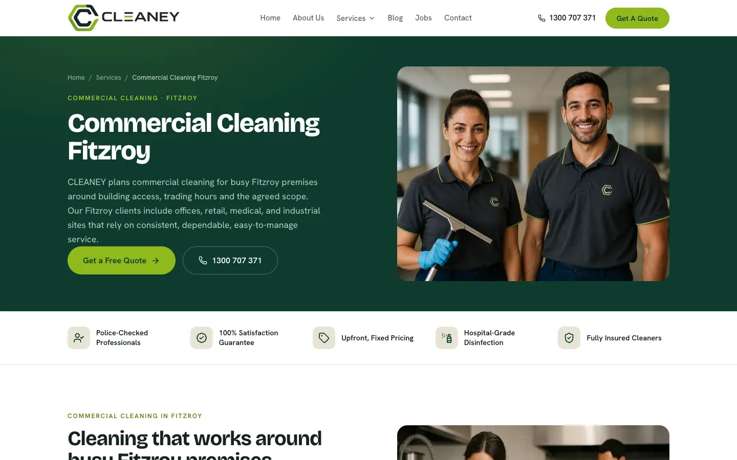 Commercial cleaning page for Fitzroy with the suburb in the headline beside a photo of two cleaners