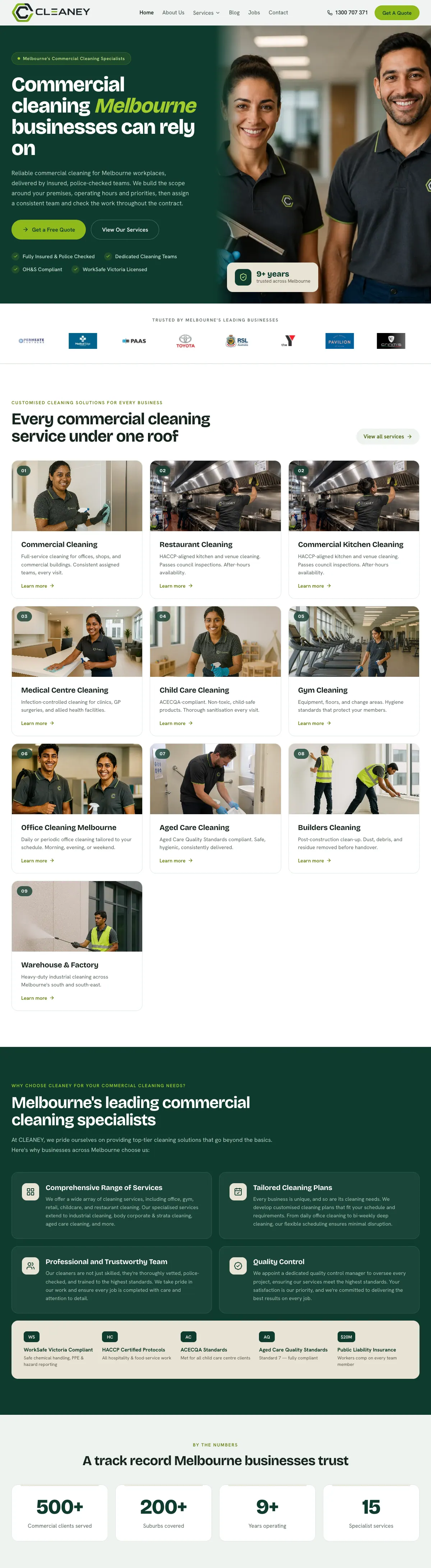 The CLEANEY home page from the headline through the services, the reasons to choose and the track record