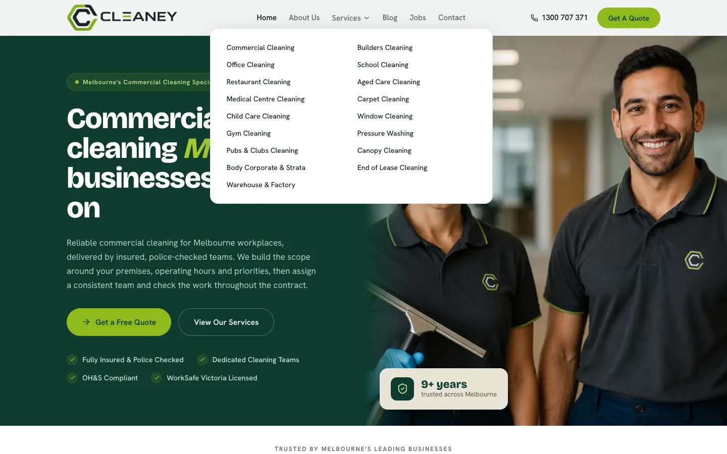 CLEANEY Services menu listing 17 commercial cleaning services in two columns