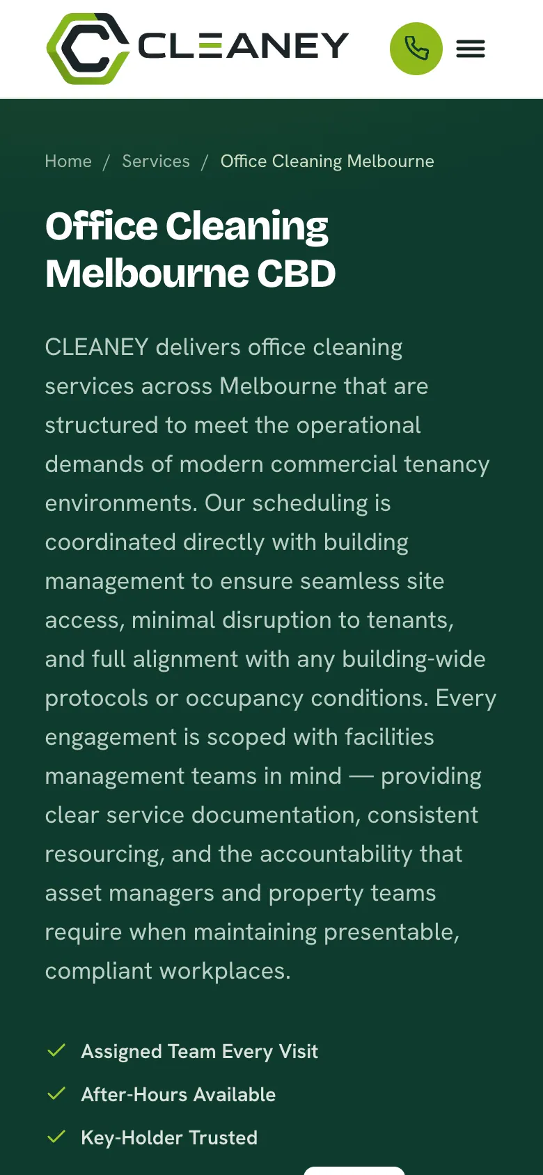 Office cleaning page on a phone with a call button in the header