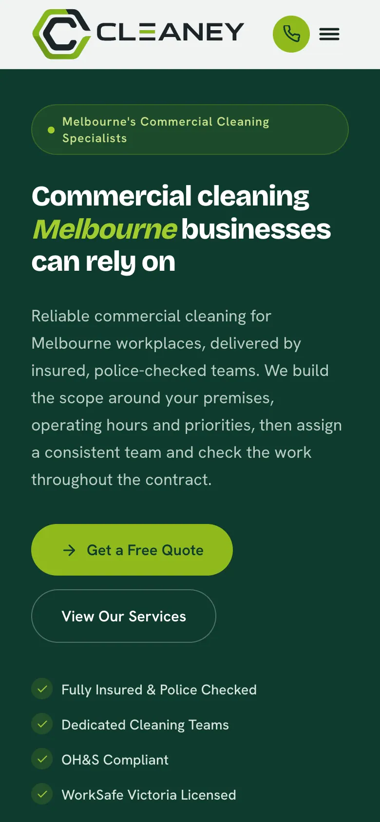 CLEANEY home page on a phone with a call icon in the header and a quote button