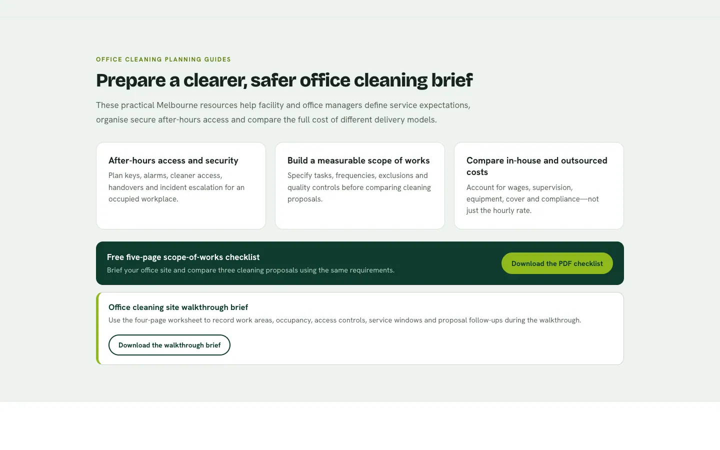 Office cleaning planning section with three guide links, a scope-of-works checklist and a walkthrough brief to download