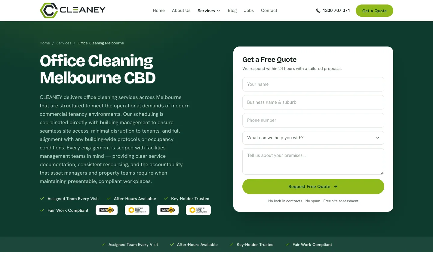 Office cleaning page with a quote form asking for the business name and suburb