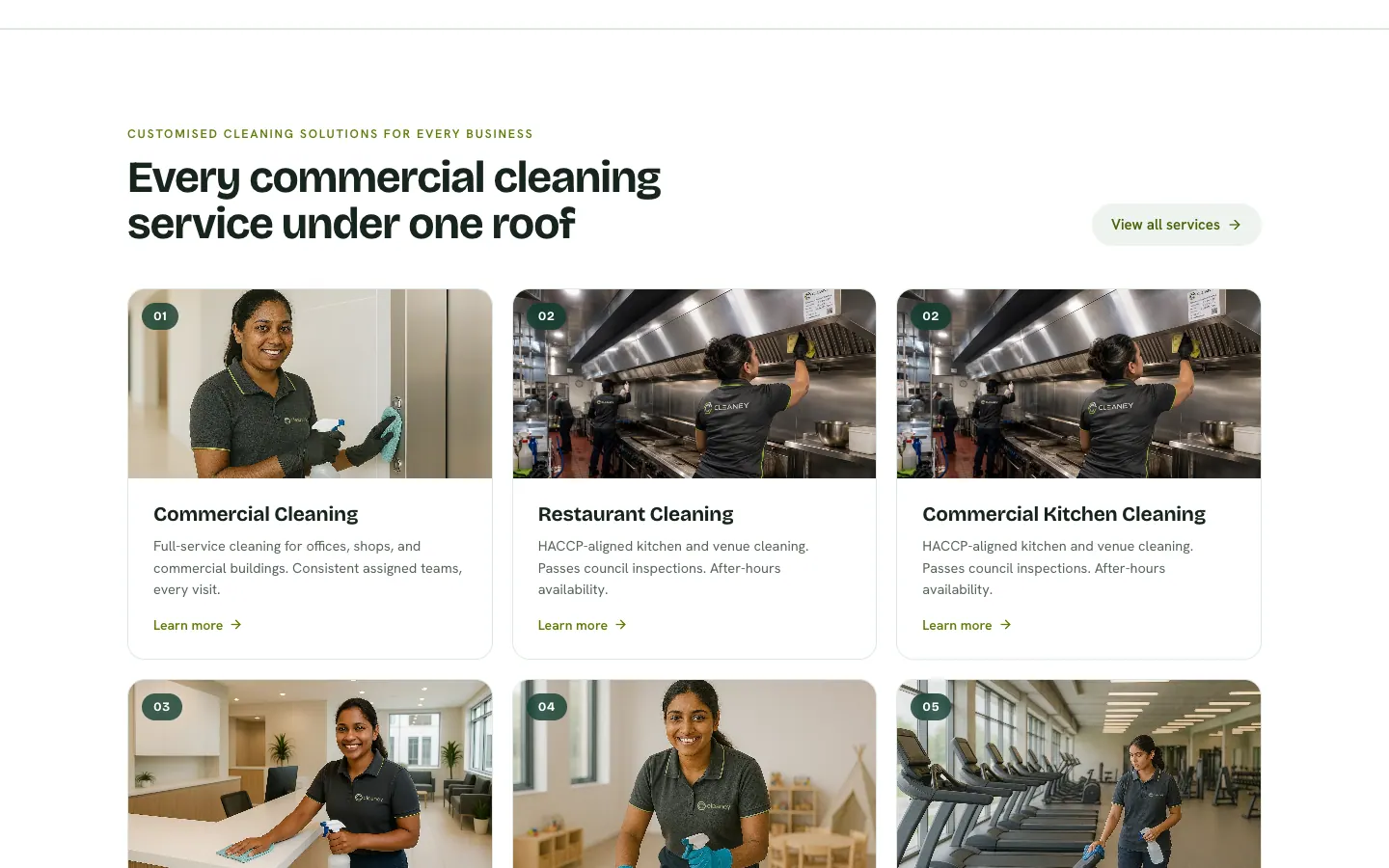 CLEANEY website service grid separating commercial, restaurant and commercial kitchen cleaning
