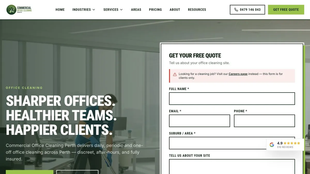 Commercial Office Cleaning Perth office-service page and enquiry panel