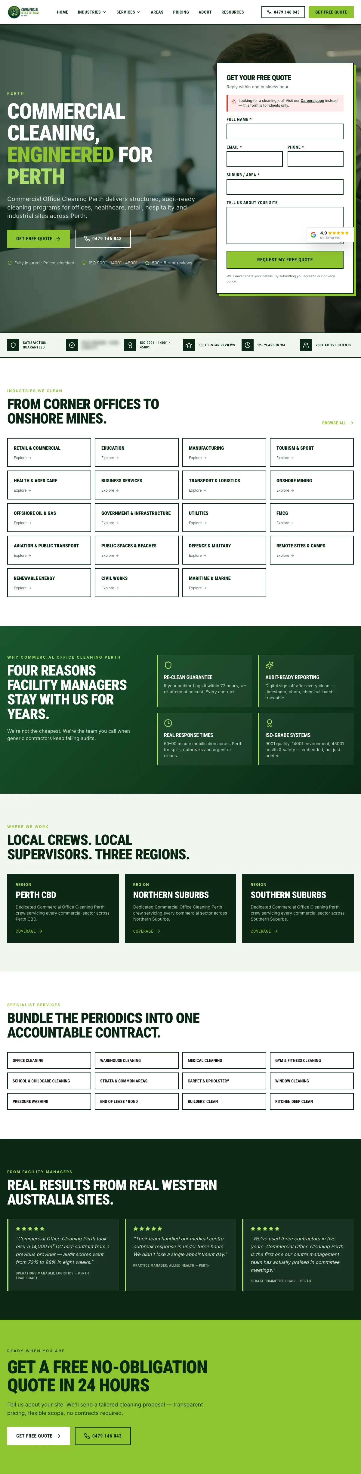 The full Commercial Office Cleaning Perth home page, from the quote form to the last call to action