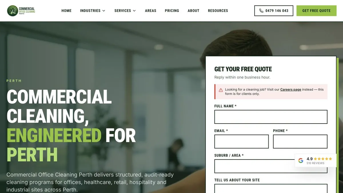 Commercial Office Cleaning Perth introduction beside a site-brief form