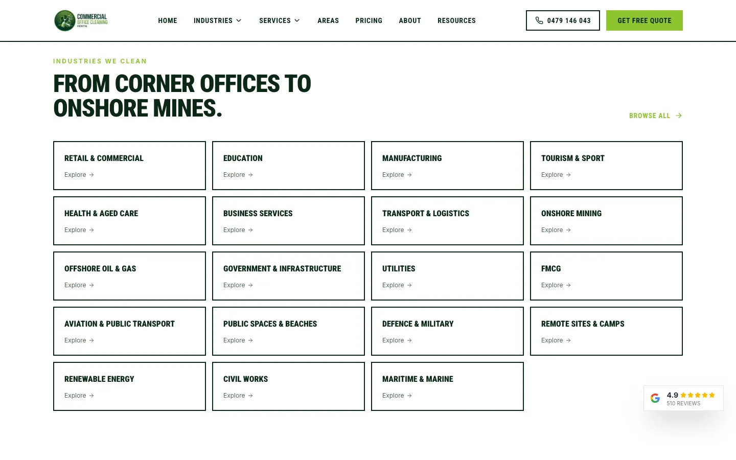 Home page grid of industry cards headed From corner offices to onshore mines