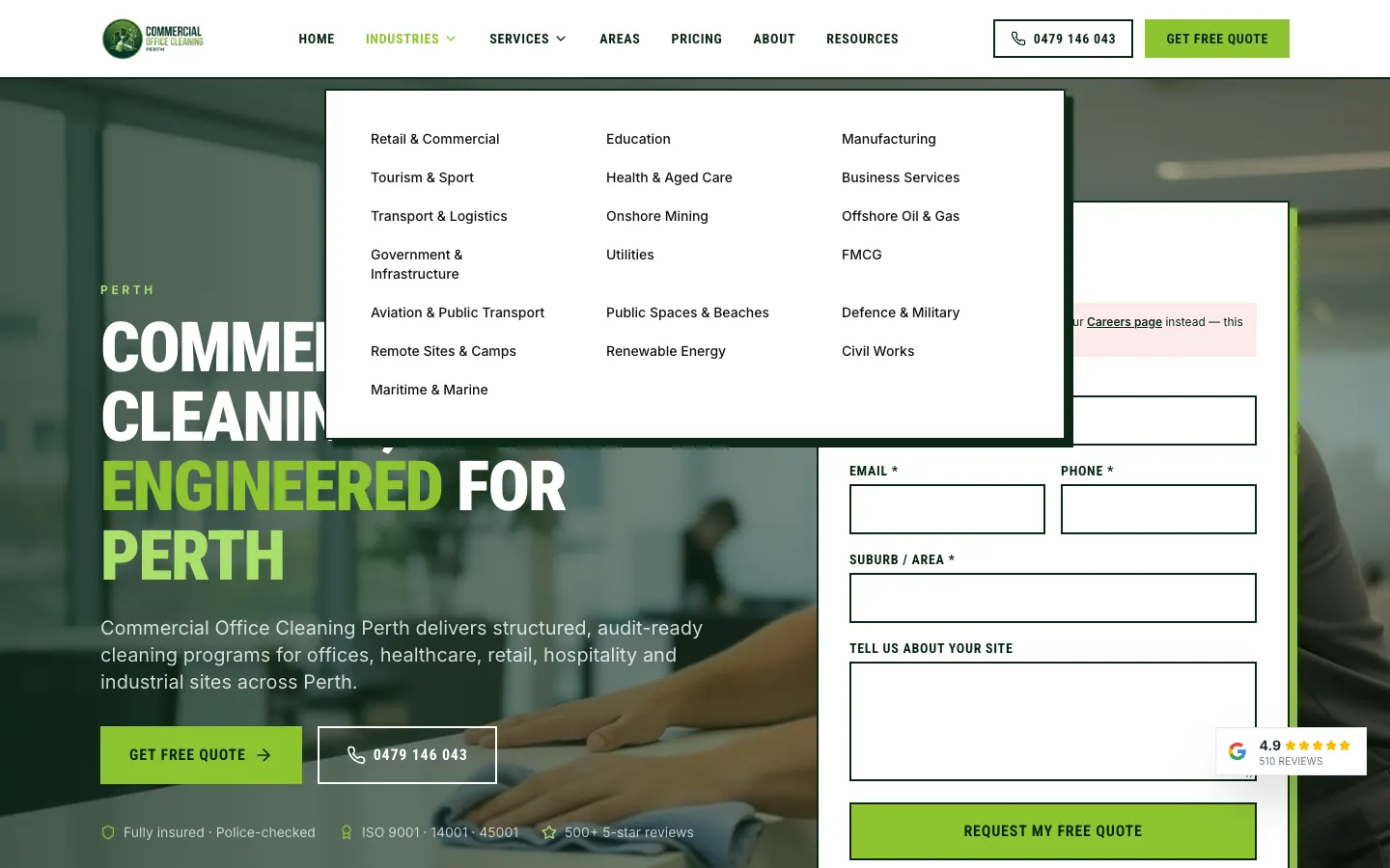 Commercial Office Cleaning Perth Industries menu listing 19 industries in three columns