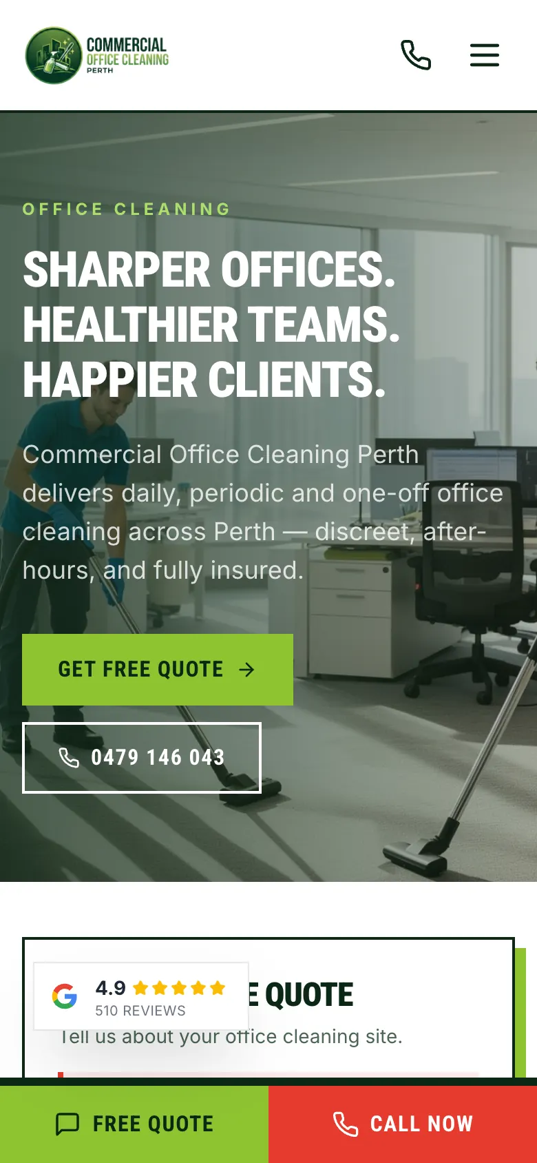 Office cleaning page on a phone with Get free quote and call buttons above the fixed bar