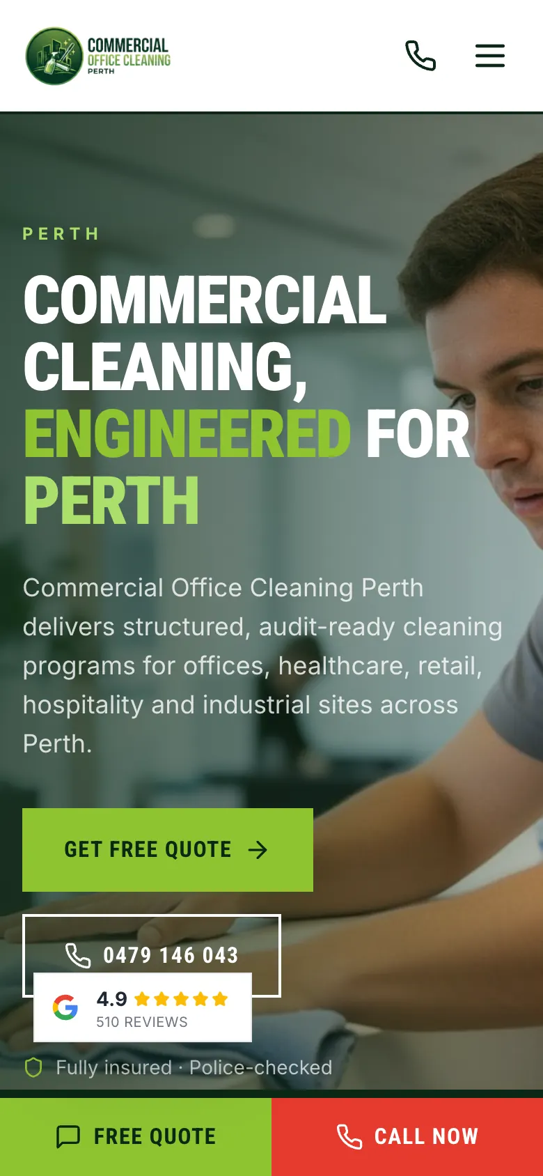 Commercial Office Cleaning Perth home page on a phone with a fixed Free quote and Call now bar