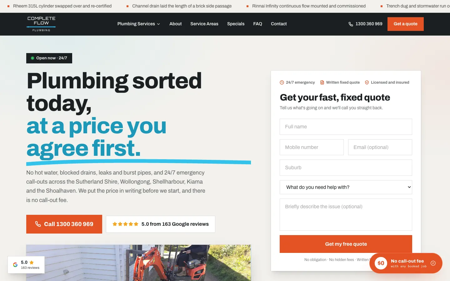 Complete Flow Plumbing home page on desktop, with the headline, call button and quote form