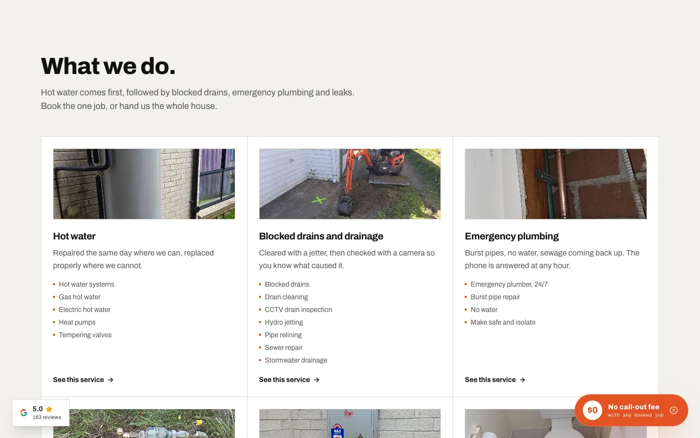Complete Flow Plumbing home page section with service cards, job photos and the jobs each group covers