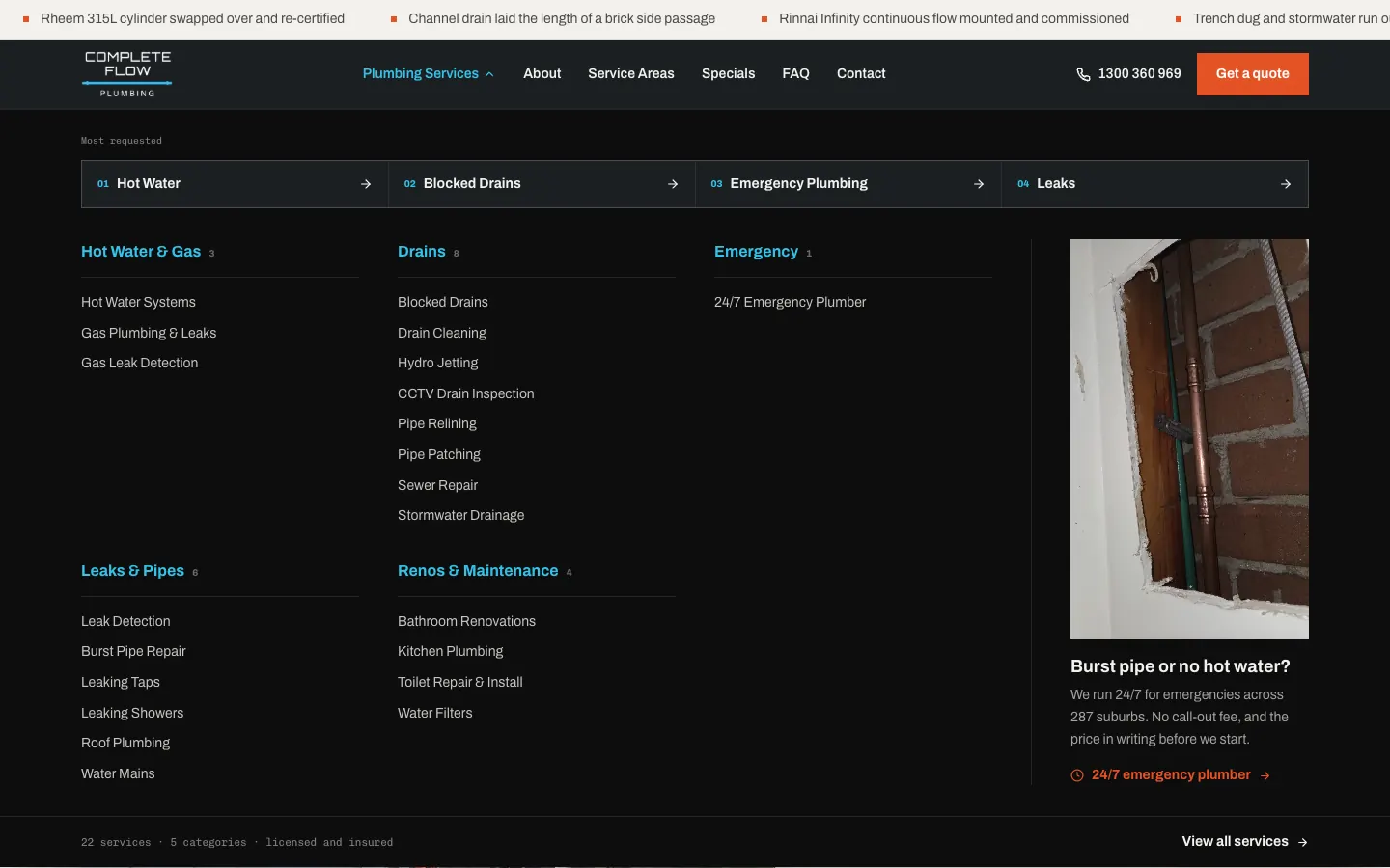 Complete Flow Plumbing services menu open on desktop, with 22 services in five groups and an emergency panel