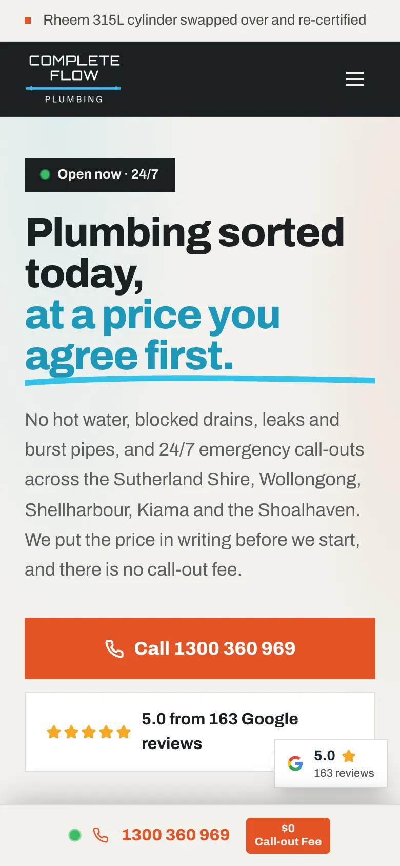 Complete Flow Plumbing home page on a phone, with a full-width call button and a call bar pinned to the bottom