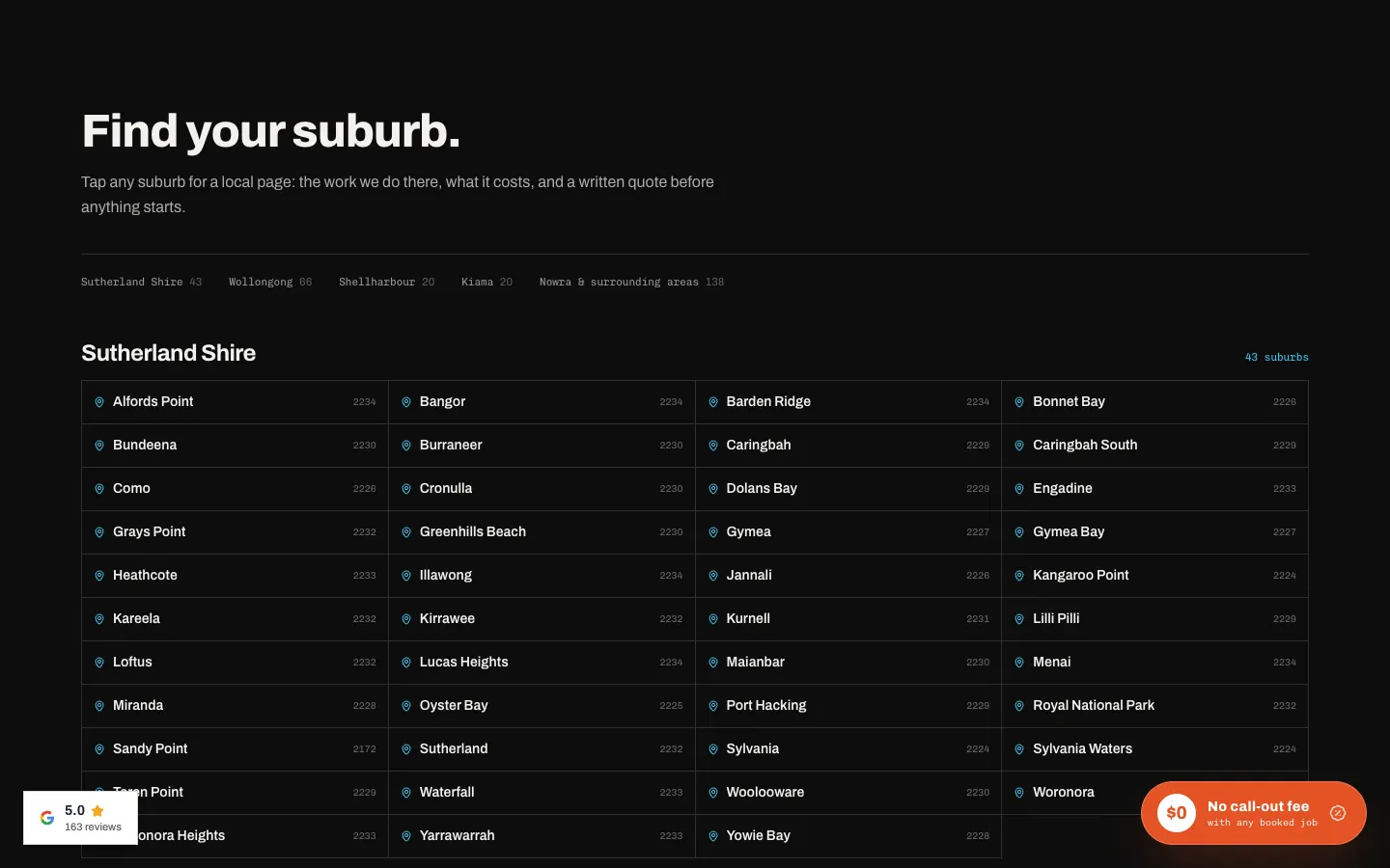 Complete Flow Plumbing suburb finder listing Sutherland Shire suburbs with postcodes