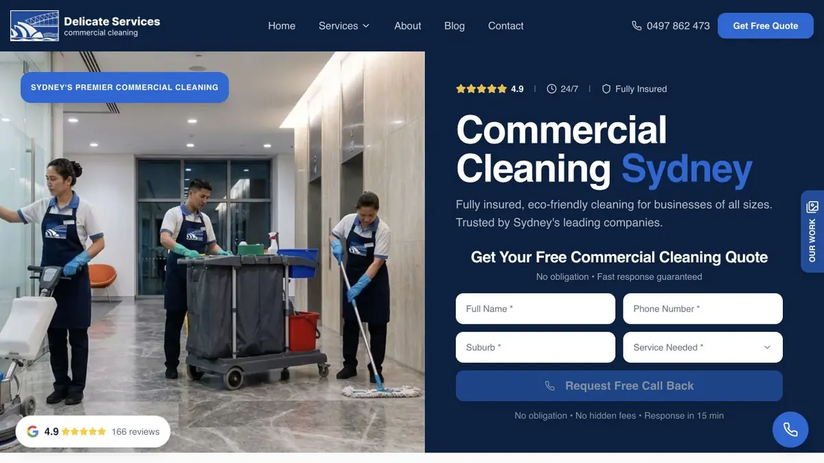 Delicate Services commercial cleaning page with workplace photography and callback form