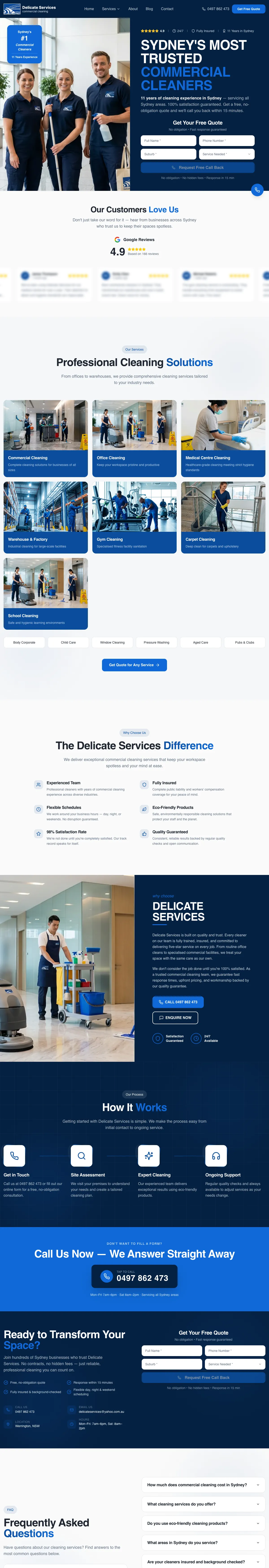 The Delicate Services home page from the hero to the common questions, with review cards blurred