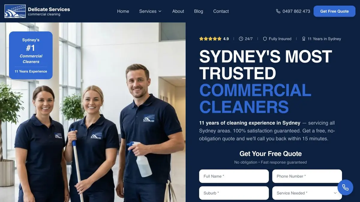 Delicate Services Sydney introduction with team photography and quote fields
