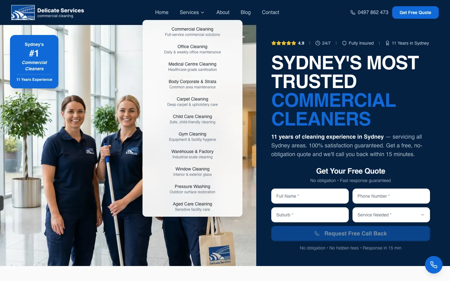Delicate Services Services menu listing commercial cleaning services with a one-line description each