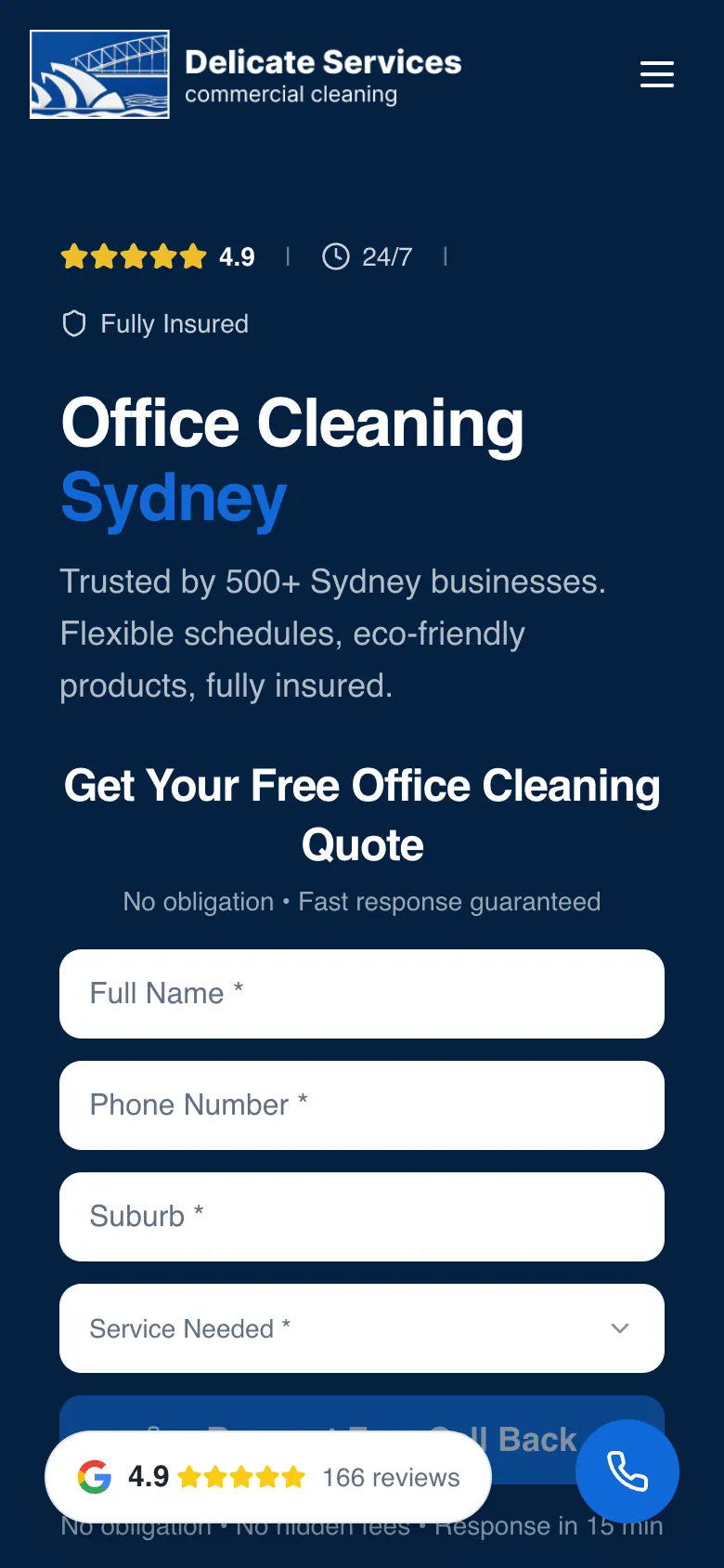 Delicate Services office cleaning page on a phone with a quote form titled for office cleaning