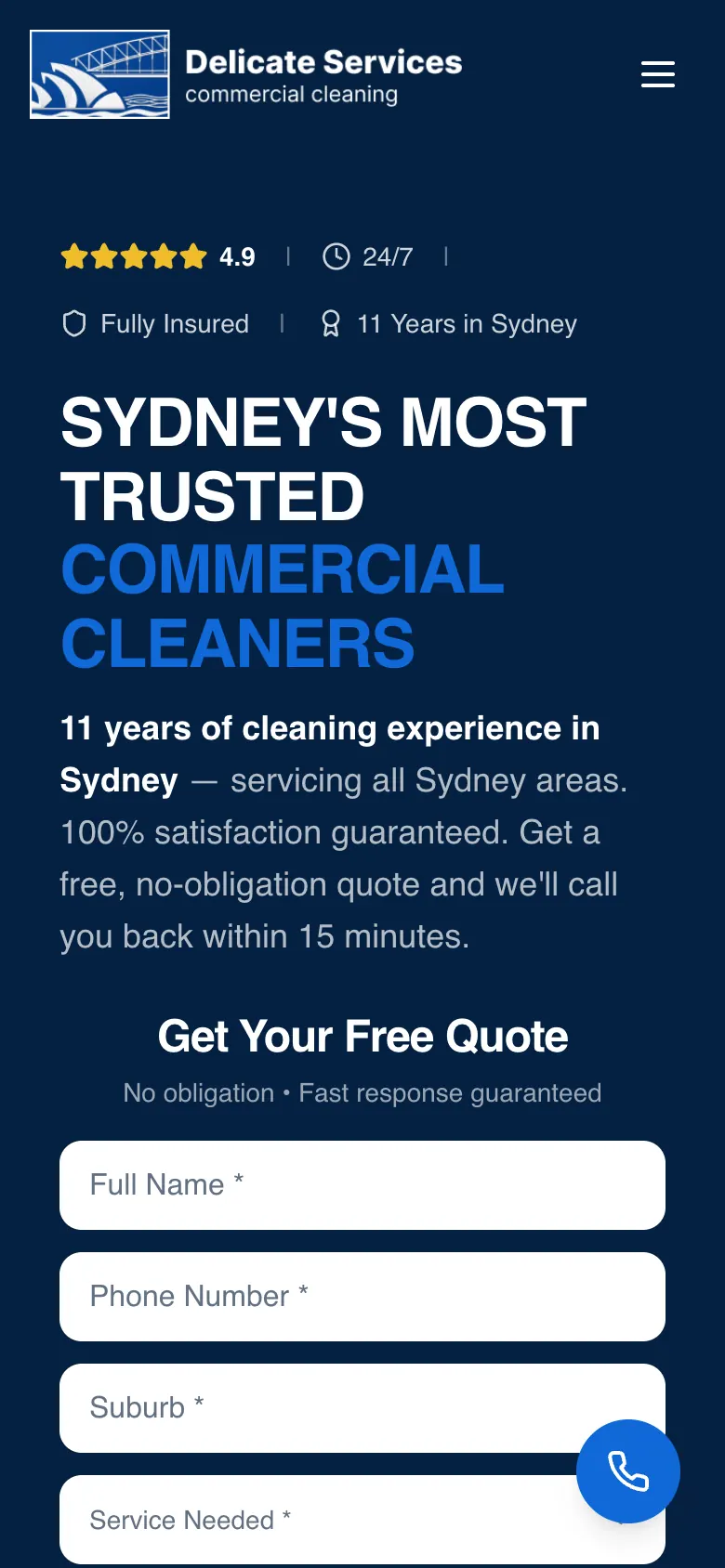 Delicate Services home page on a phone with the headline, a call-back form and a floating call button