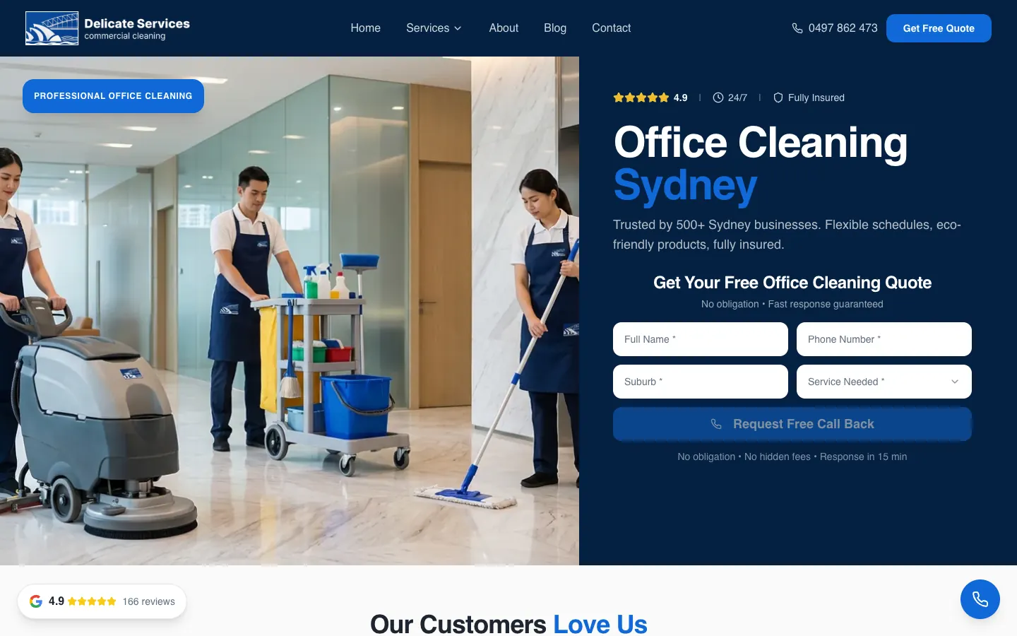 Delicate Services office cleaning page with a crew photo and a quote form titled for office cleaning