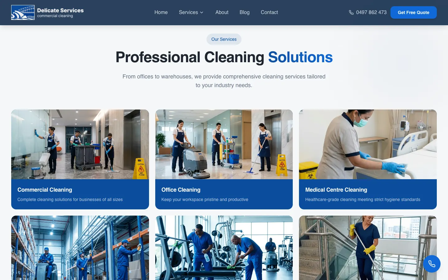 Delicate Services home page grid of service cards headed Professional Cleaning Solutions