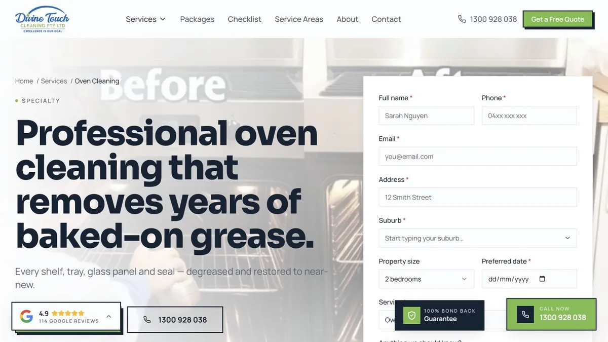 Divine Touch Cleaning oven service page with service-specific imagery and quote form