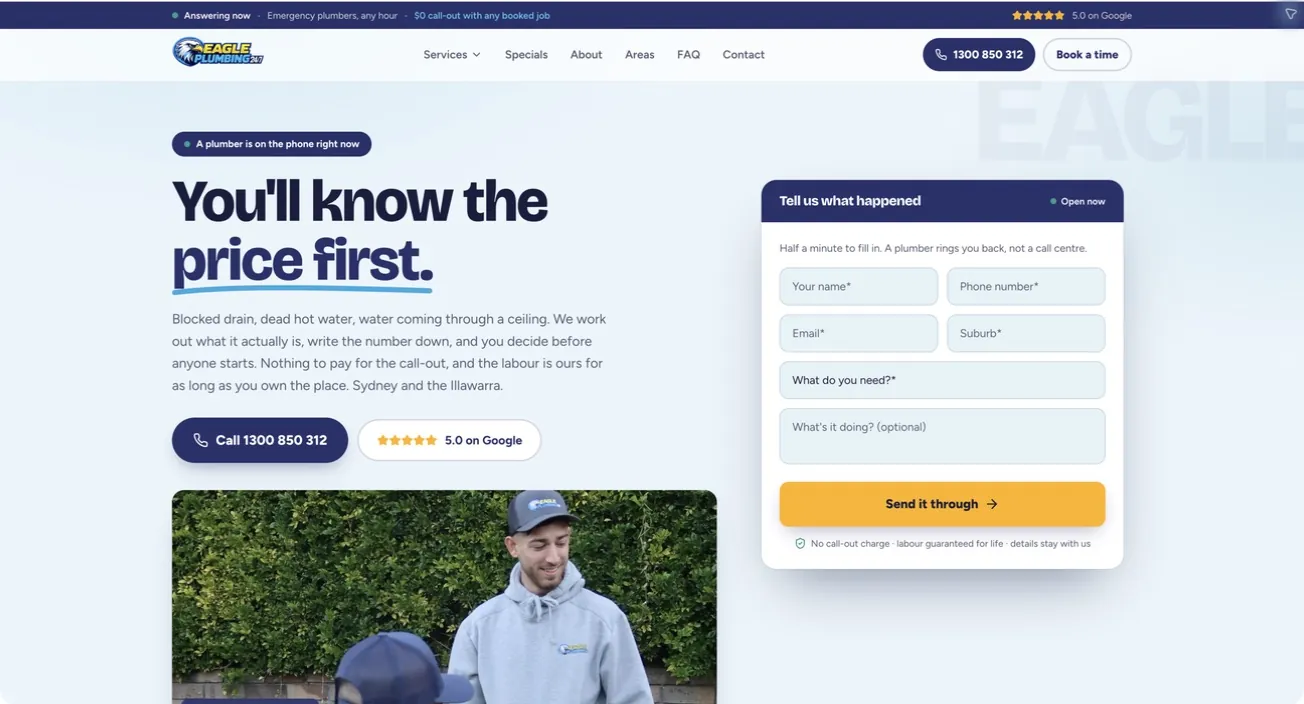 Eagle Plumbing desktop homepage with quote form beside the pricing message