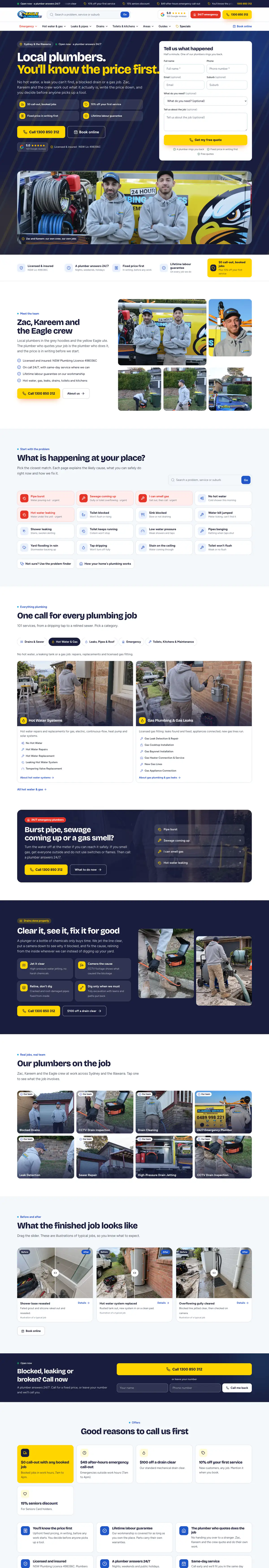 The full Eagle Plumbing home page, from the hero to the reasons to call