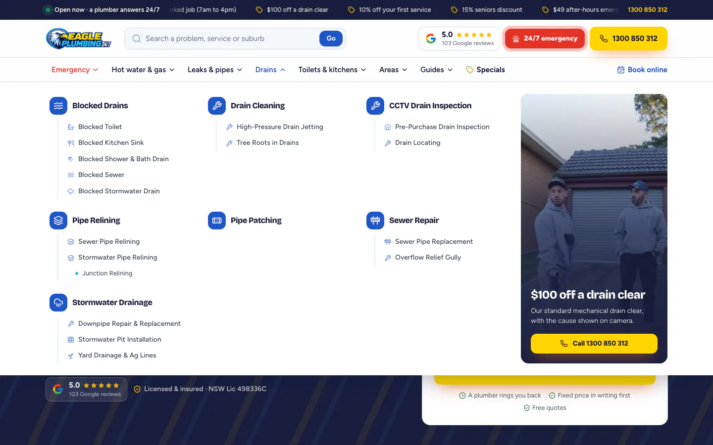 Eagle Plumbing drains mega menu listing every drain service and its specific jobs