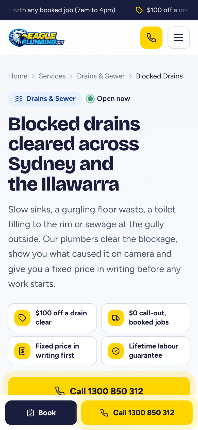 Eagle Plumbing blocked drains page on a phone with a Call button above the fixed Book and Call bar