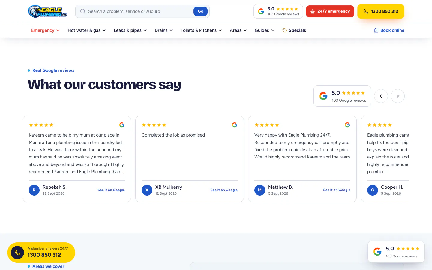 Eagle Plumbing Google reviews block with its main features numbered