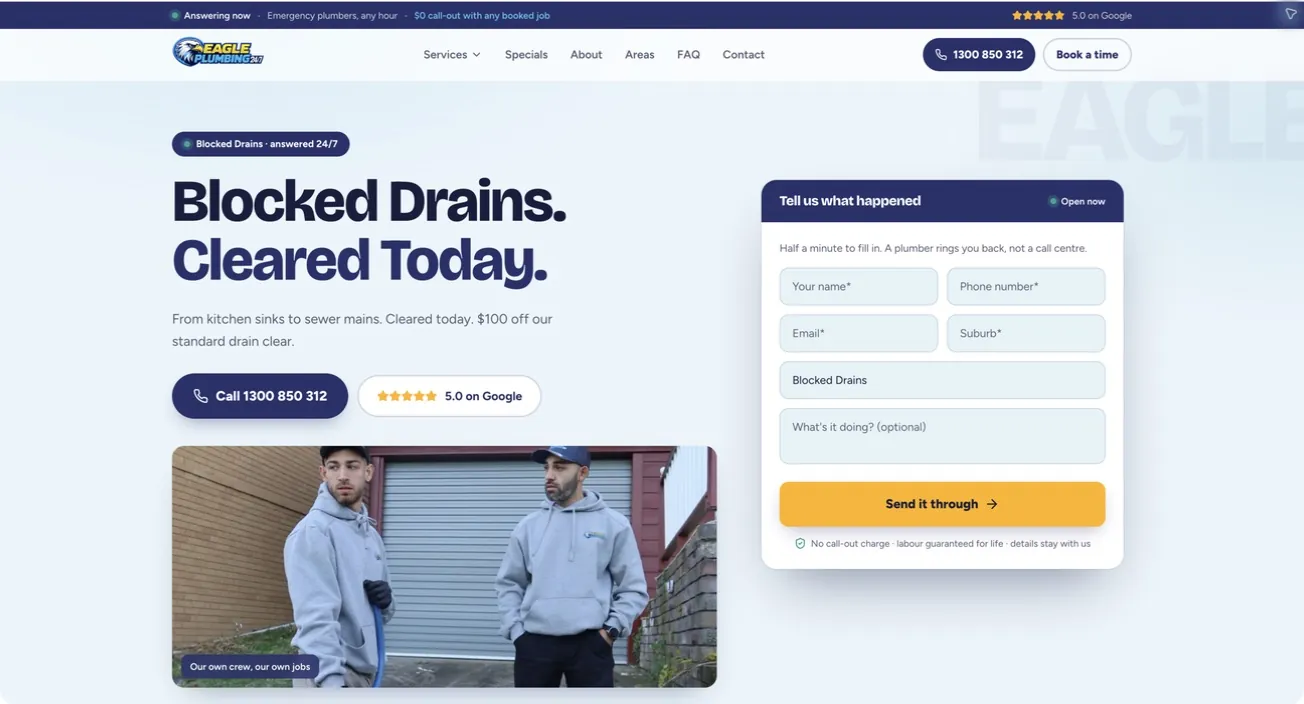 Eagle Plumbing blocked-drain service page with relevant enquiry form