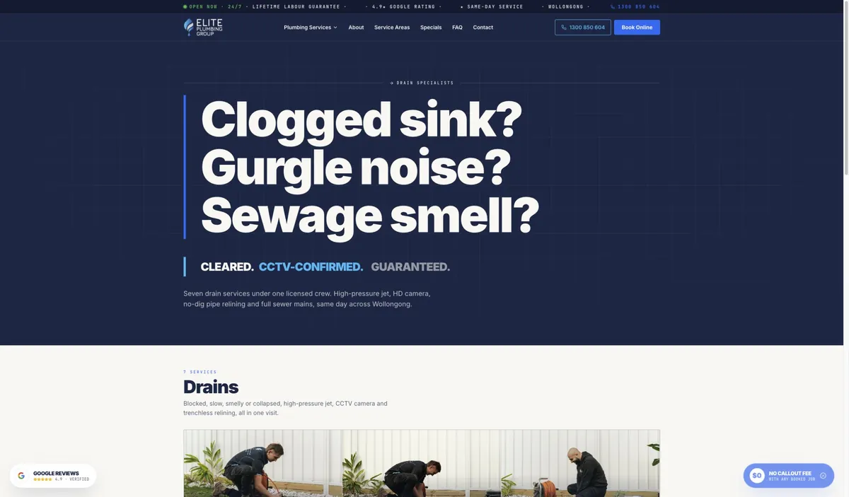 Elite Plumbing Group drain category page with symptom-led heading