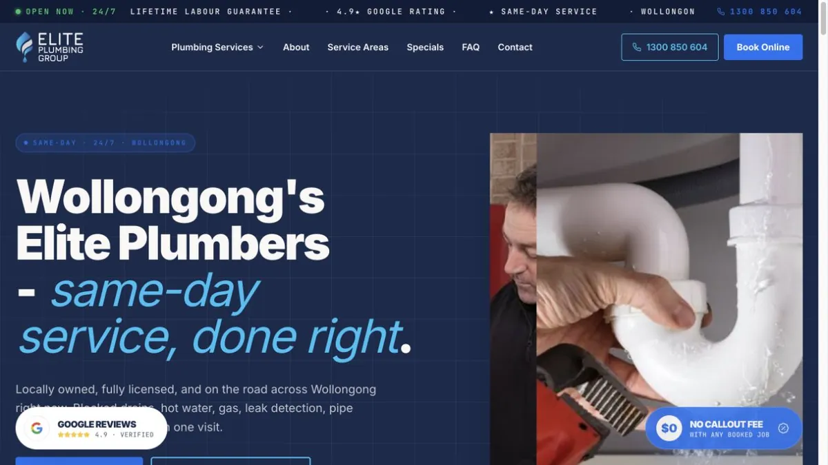 Elite Plumbing Group Wollongong introduction with residential plumbing imagery