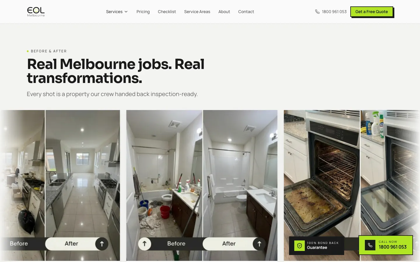 EOL Melbourne home page section with before and after photos of a kitchen, a bathroom and an oven