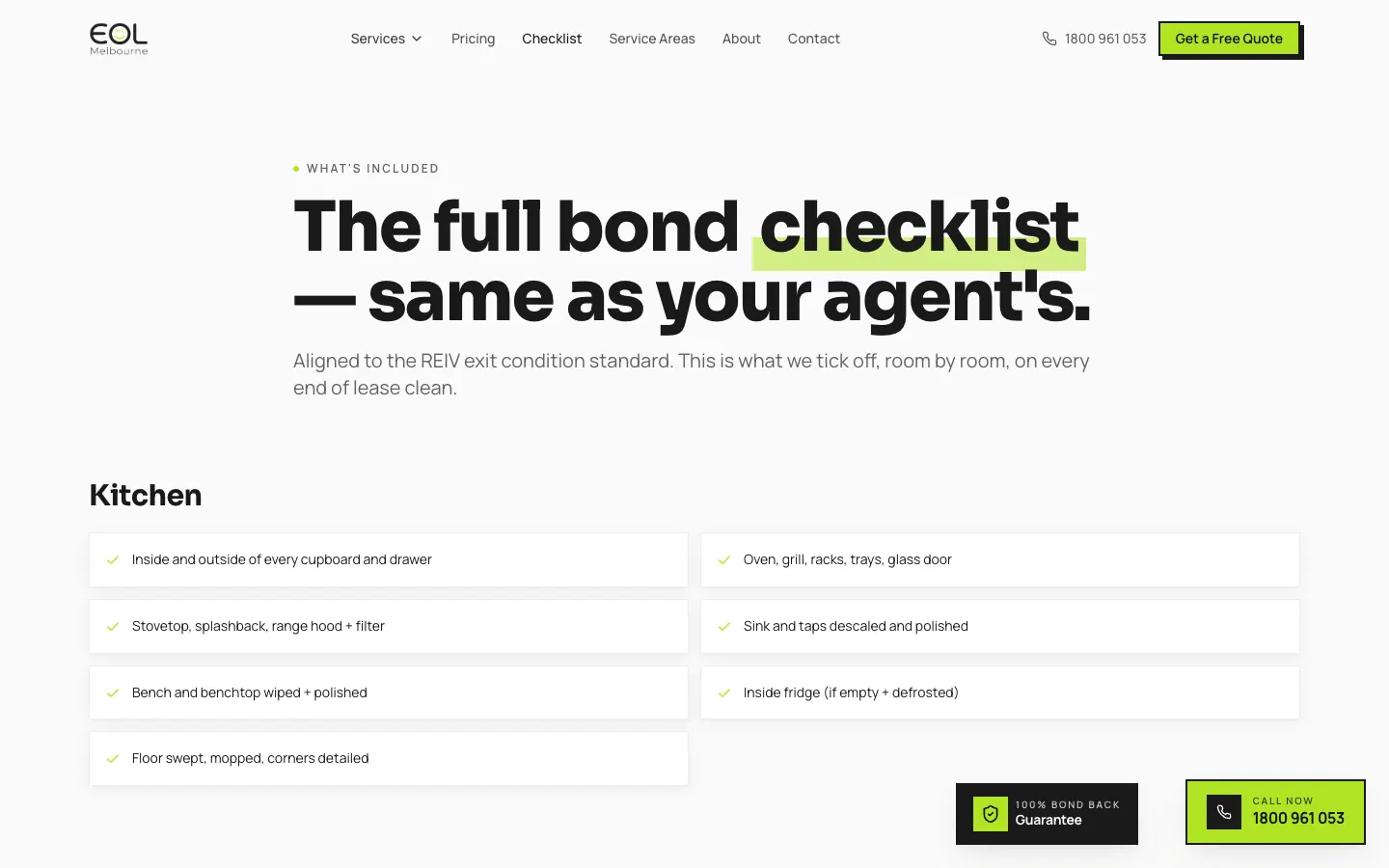 EOL Melbourne checklist page with the kitchen items of the bond clean