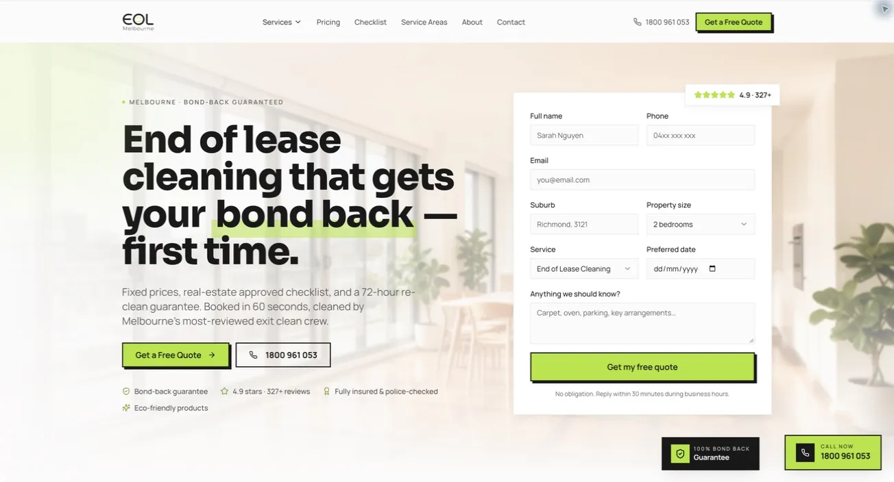 EOL Melbourne desktop homepage with property quote form and lime quote buttons