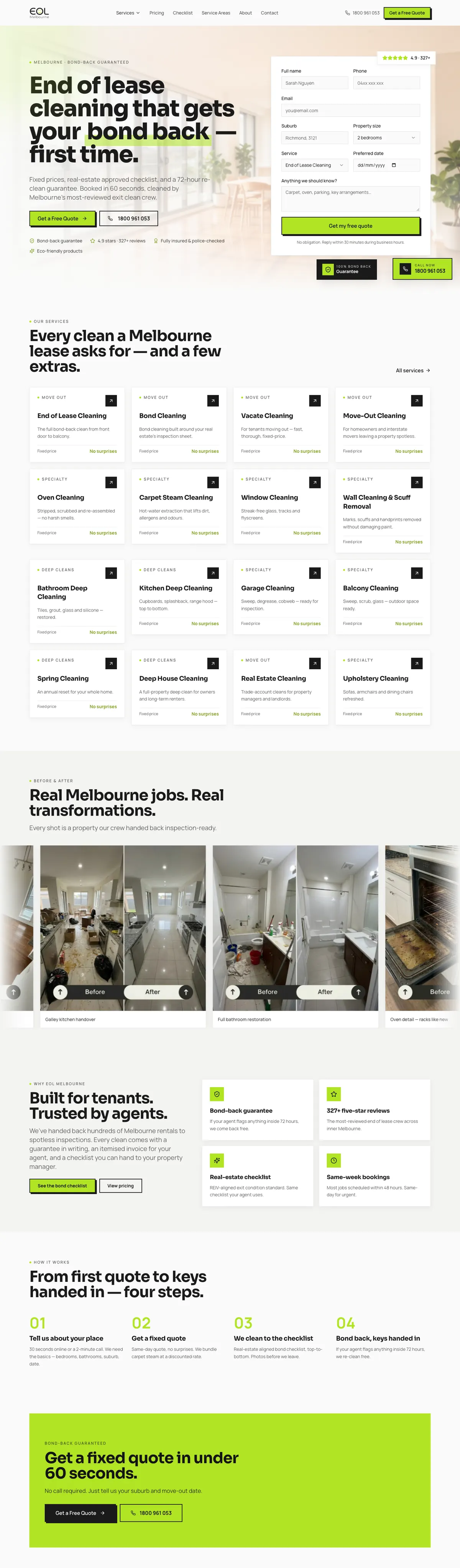 The EOL Melbourne home page, from the headline to the quote prompt after the four steps