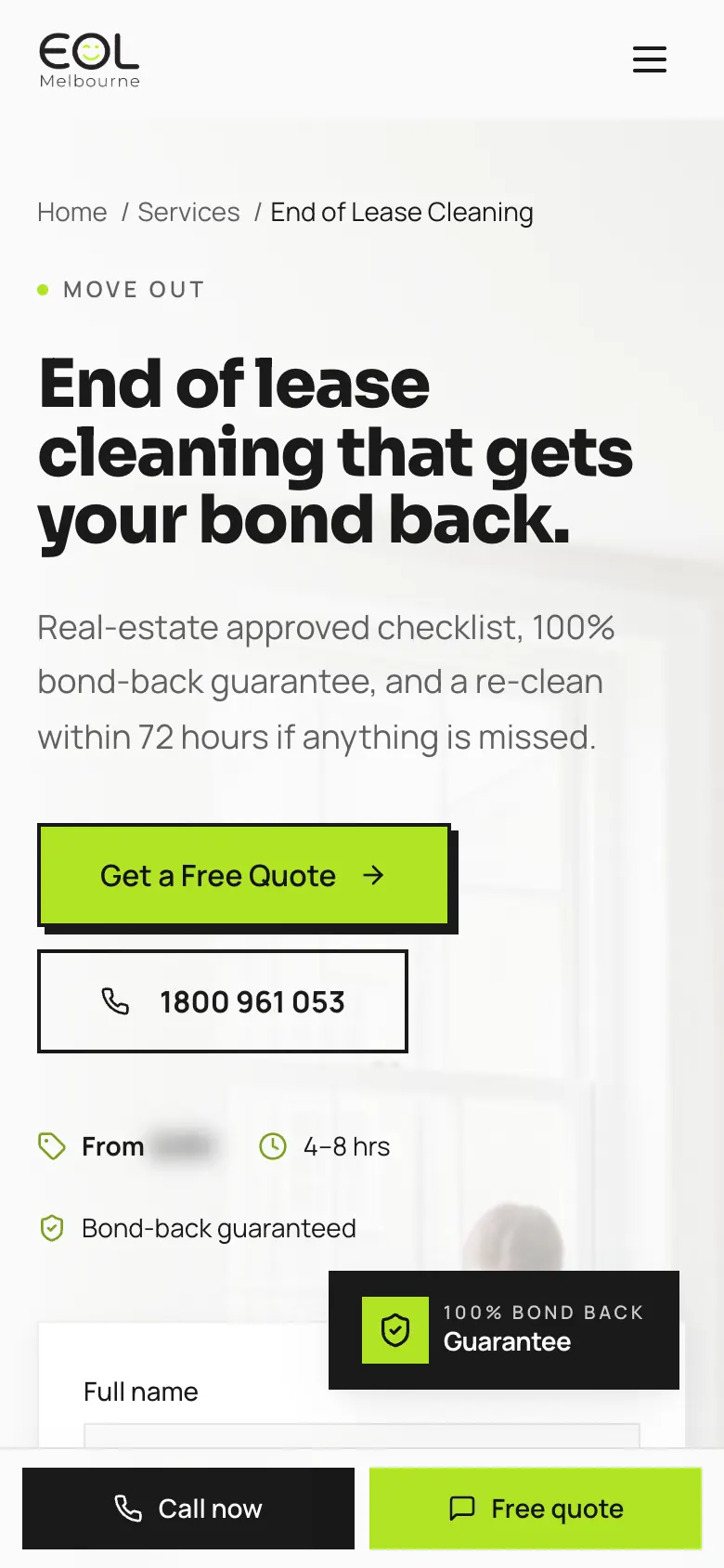 EOL Melbourne end of lease cleaning page on a phone with Call now and Free quote at the bottom