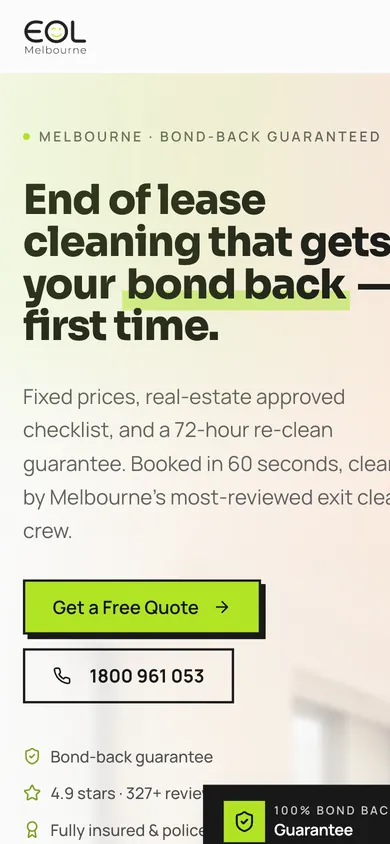 EOL Melbourne mobile homepage with quote and phone actions