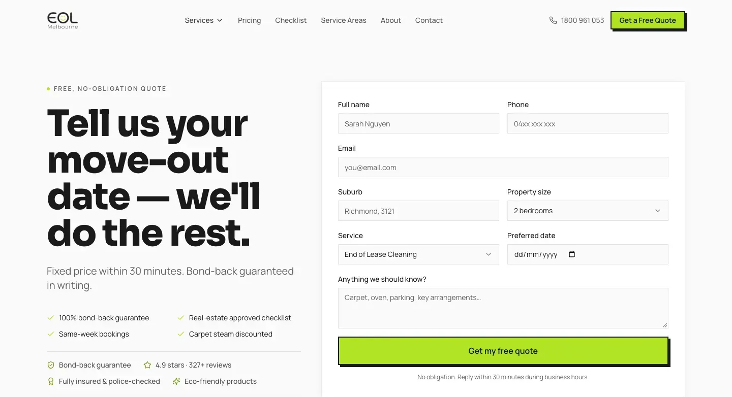EOL Melbourne quote page with the quote form beside the reasons to book