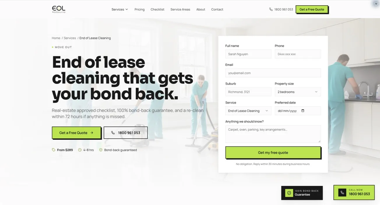 EOL Melbourne end-of-lease cleaning page with service-specific quote form